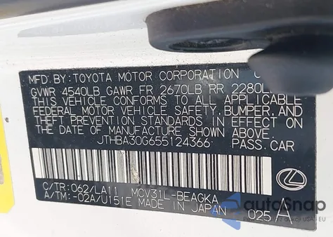 2005 Lexus Es 330 from USA, damaged, VIN JTHBA30G655124366